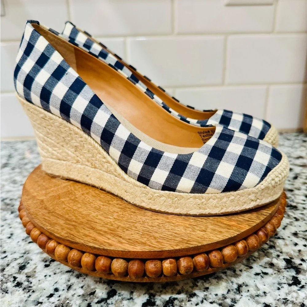 J. Crew Navy‎ and White Gingham Wedge Espadrilles